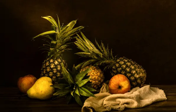 The dark background, table, apples, fabric, fruit, still life, pear, pineapples