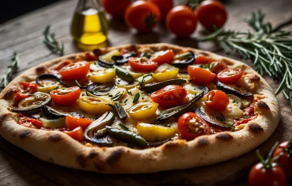Light, pepper, vegetables, pizza, tomatoes, spices, ai art