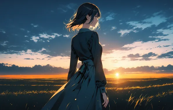 Field, girl, the sun, anime, girl, field, woman, anime