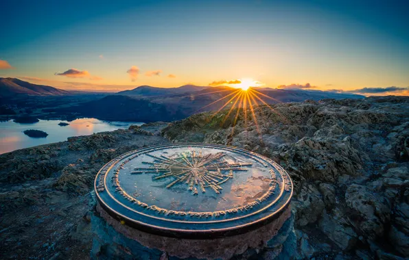 Sunset, mountains, nature, sunlight, sundial