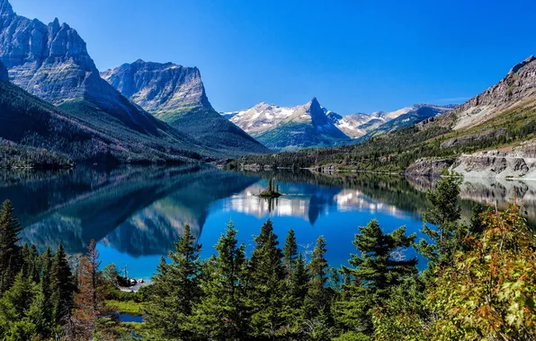 Picture trees, landscape, nature, water, mountains, lake, reflection, sunlight