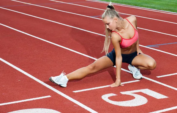 Picture girl, shorts, sports, sneakers, stretching