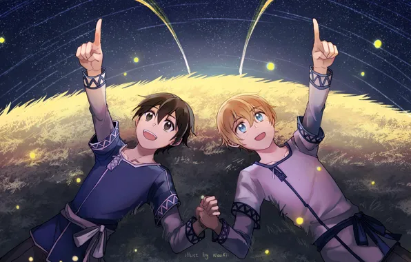 Field, stars, night, guys, Sword Art Online, Sword Art Online