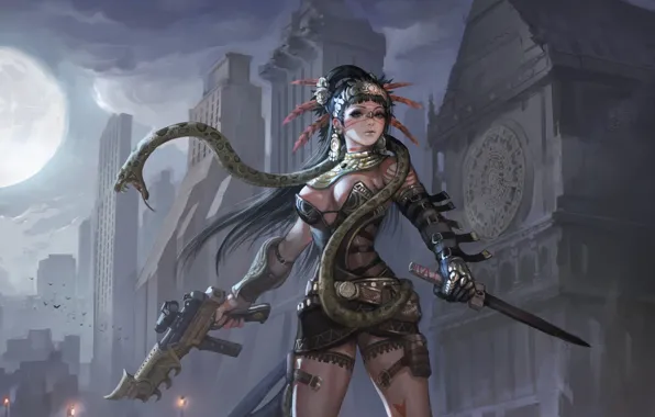 Girl, night, city, the city, weapons, figure, snake, feathers