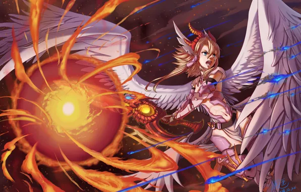 Picture girl, weapons, magic, wings, sword, anime, art, ho-oh