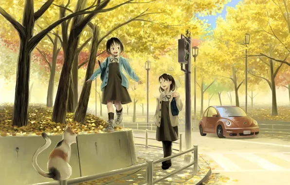 Road, machine, autumn, cat, leaves, joy, girls, anime