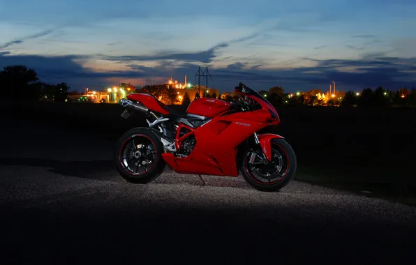 Red, the city, lights, motorcycle, red, twilight, ducati, Ducati