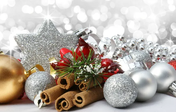 Winter, balls, toys, beads, the scenery, white, cinnamon, Christmas