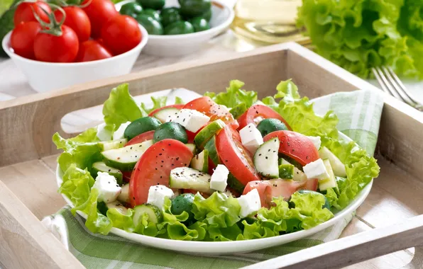 Vegetables, tomatoes, olives, cucumbers, salad, feta