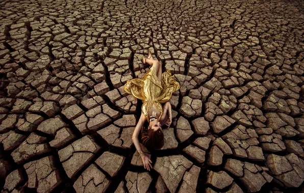 Look, girl, decoration, cracked, pose, style, earth, desert