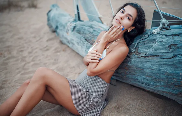 Sand, look, girl, pose, skirt, hands, log, legs