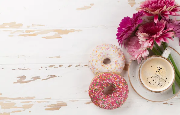 Flowers, donuts, gerbera, wood, pink, flowers, coffee cup, with love