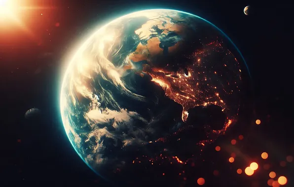 Space, rays, light, lights, planet, Earth, continents, black background