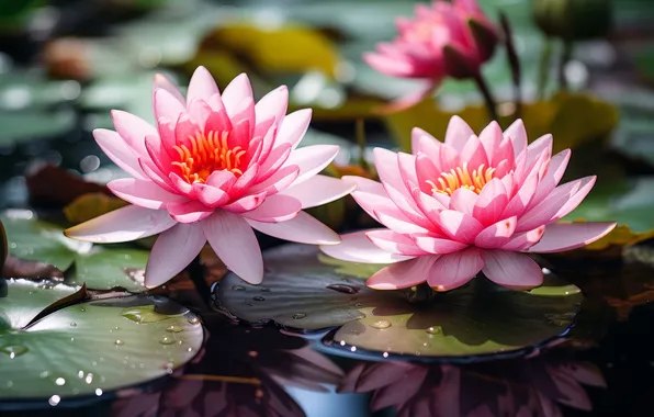 Leaves, water, flowers, lake, pond, pink, water lilies, nymphs