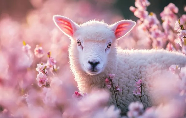 Look, flowers, branches, nature, spring, pink, lamb, face