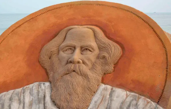 Picture India, artist, writer, the poet, composer, a sand sculpture, Rabindranath Tagore
