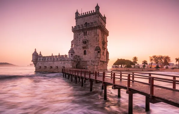 Picture city, waves, tower, sky, sea, bridge, sunset, castle