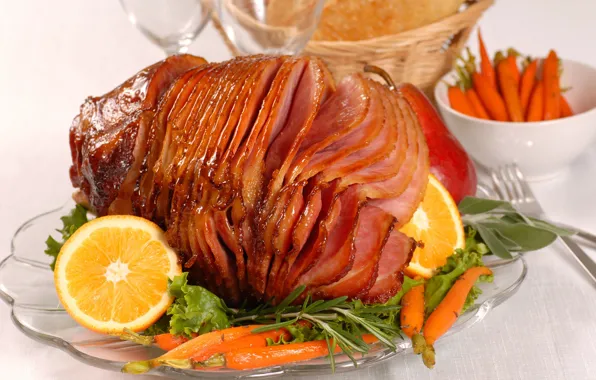 Lemon, meat, carrots, ham