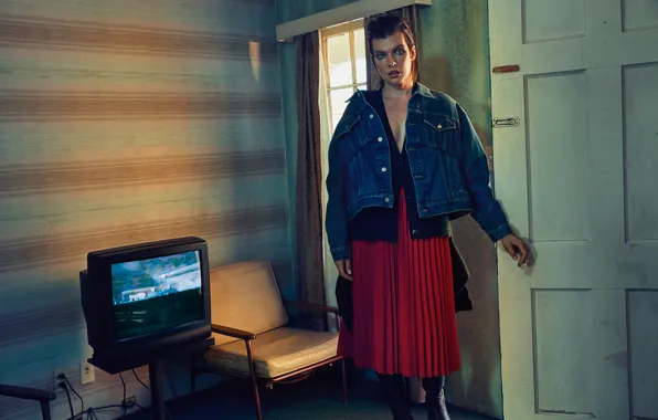 Room, skirt, chair, makeup, actress, the door, TV, brunette