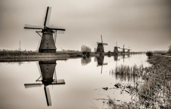 Picture autumn, channel, Netherlands, windmill