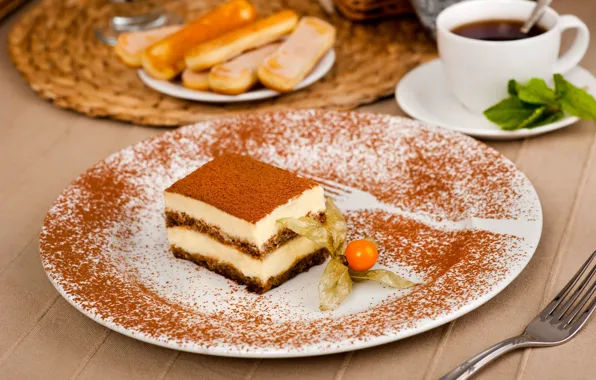 Tea, cake, mint, physalis, cocoa