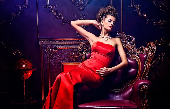 Picture pose, wall, model, chair, necklace, makeup, figure, dress