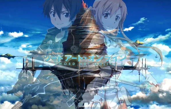 The sky, clouds, flying island, Yuuki Asuna, Sword Art Online, Kirito, Kirigaya Kazuto, Sword Art …