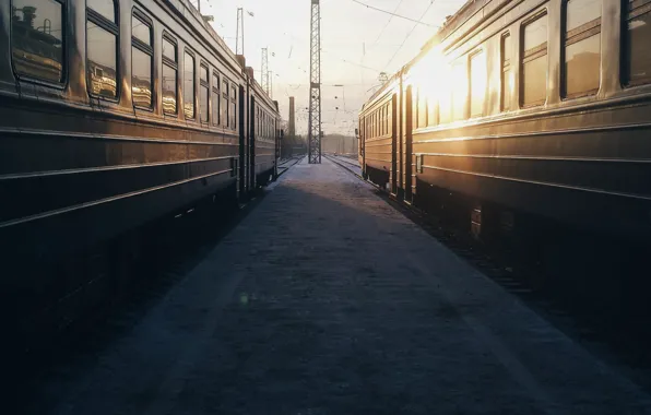 Sunset, railways, Trains, tracks, wagons, stations