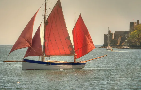 Sea, the sky, castle, sailboat, boats
