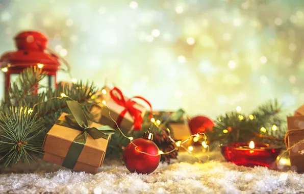 Winter, balls, light, snow, branches, lights, background, holiday