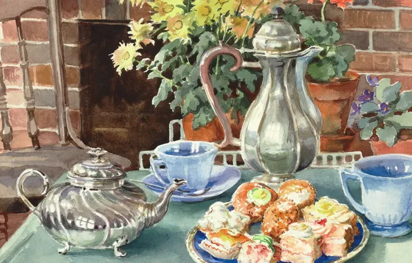 Picture flowers, table, kettle, plate, chair, mugs, cake, Watercolor