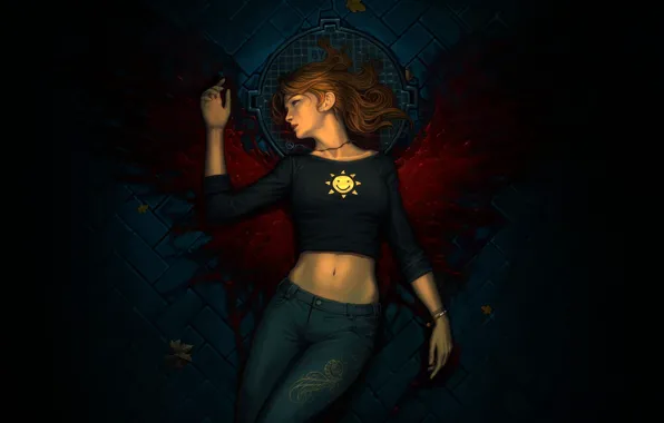 Picture leaves, girl, blood, wings, jeans, pavers, art, cover