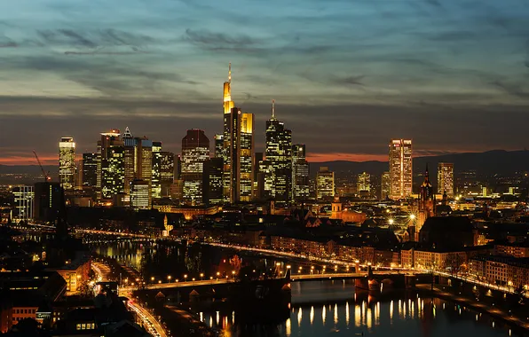 Bridge, reflection, Germany, mirror, horizon, backlight, night, Frankfurt