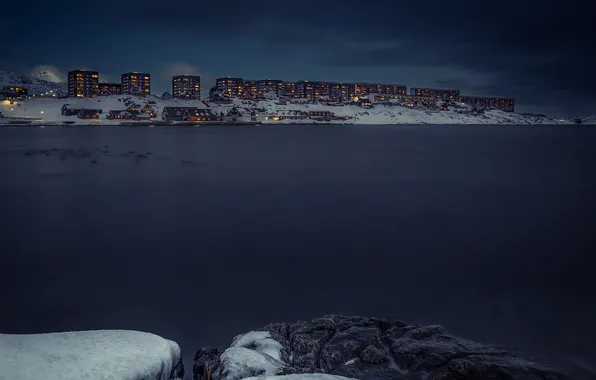 Clouds, night, lights, lake, home, storm, Greenland, Nuuk