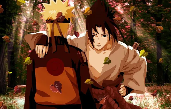 Picture forest, leaves, meeting, art, naruto, wallpaper, naruto, Sasuke