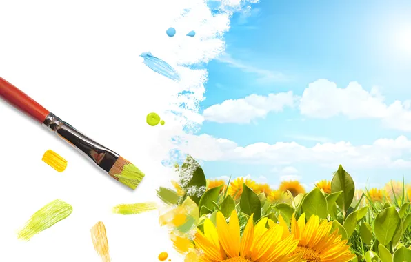 Field, the sky, the sun, clouds, flowers, yellow, figure, sunflower