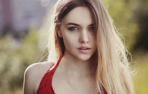 The sun, portrait, makeup, hairstyle, blonde, beauty, in red, bokeh