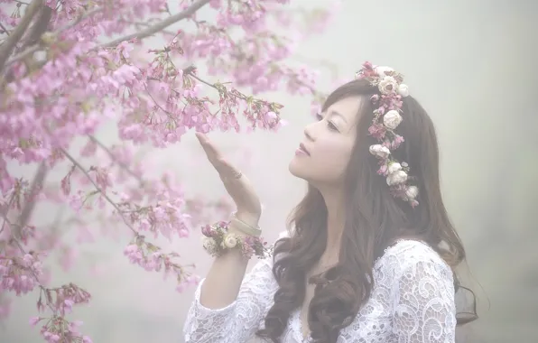 Girl, branches, cherry, mood, spring, Sakura, Asian, flowering