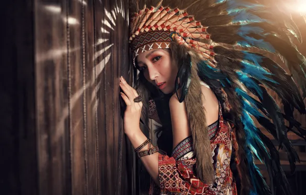 Picture look, girl, face, style, hair, feathers, headdress