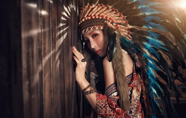 Look, girl, face, style, hair, feathers, headdress