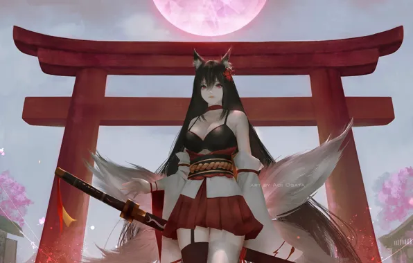 Picture girl, the moon, katana