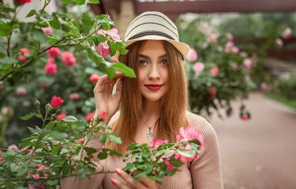 Flowers, model, portrait, hat, makeup, hairstyle, redhead, the bushes