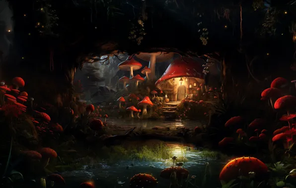 Forest, night, lake, mushrooms, fantasy, lantern, Amanita, arch