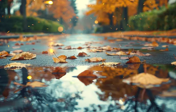 Road, autumn, asphalt, leaves, water, trees, Park, reflection