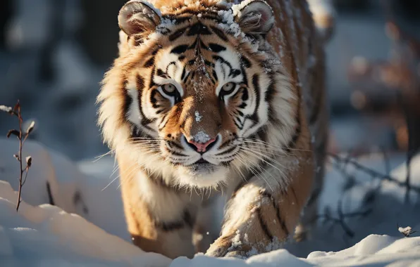 Winter, look, face, light, snow, branches, nature, tiger