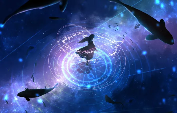 Space, fantasy, whales, magic sign