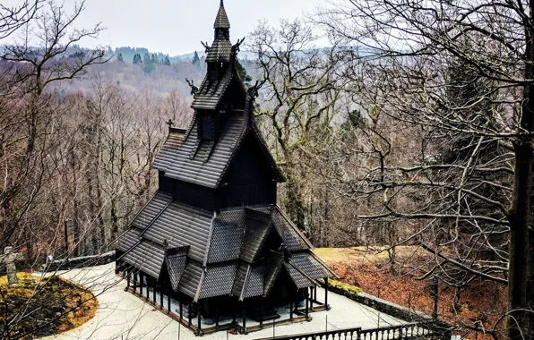 Norway, Church, Norway, autumn landscape, Mountains, stave church