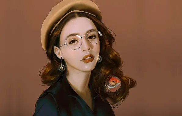 Face, earrings, goldfish, brown hair, takes, brown background, glasses, portrait of a girl