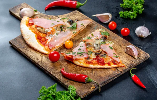 Greens, pepper, pizza, cutting Board, tomatoes