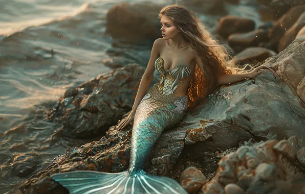 Picture Girl, Mermaid, Shore, Stones, Hair, Tail, Digital art, AI art